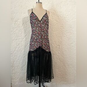 Vintage Keyloun Slip Tank Dress, Sheer Black Tulle, Floral Print 80's Size Large